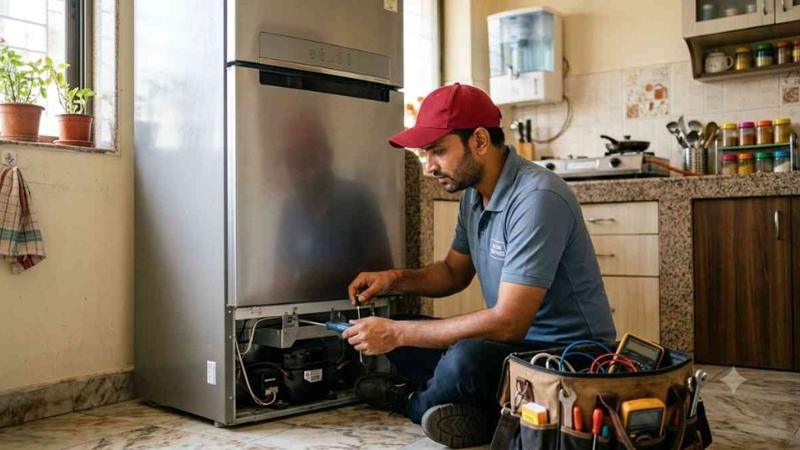 Home appliance repair technician servicing a refrigerator in a kitchen